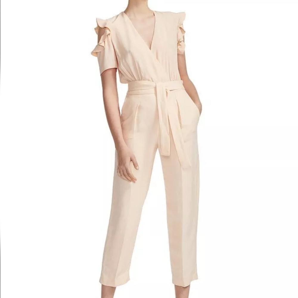 Maje Silk Elegant Cream Jumpsuit with Ruffle Sleeves
